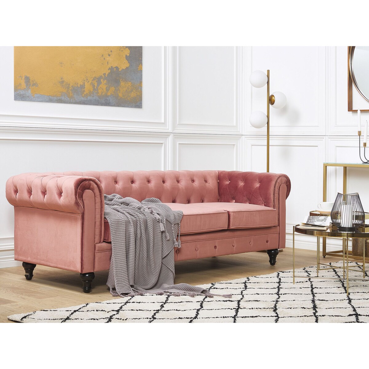 Sofa 3-osobowa welurowa różowa CHESTERFIELD