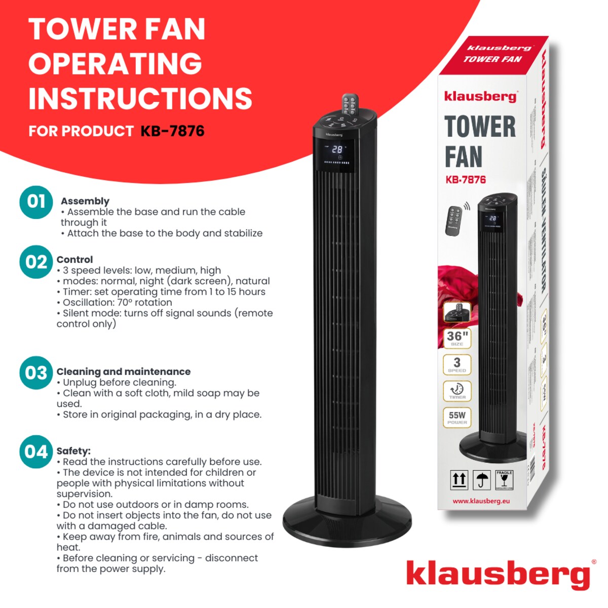 Wentylator kolumnowy podłogowy z pilotem 55W KLAUSBERG