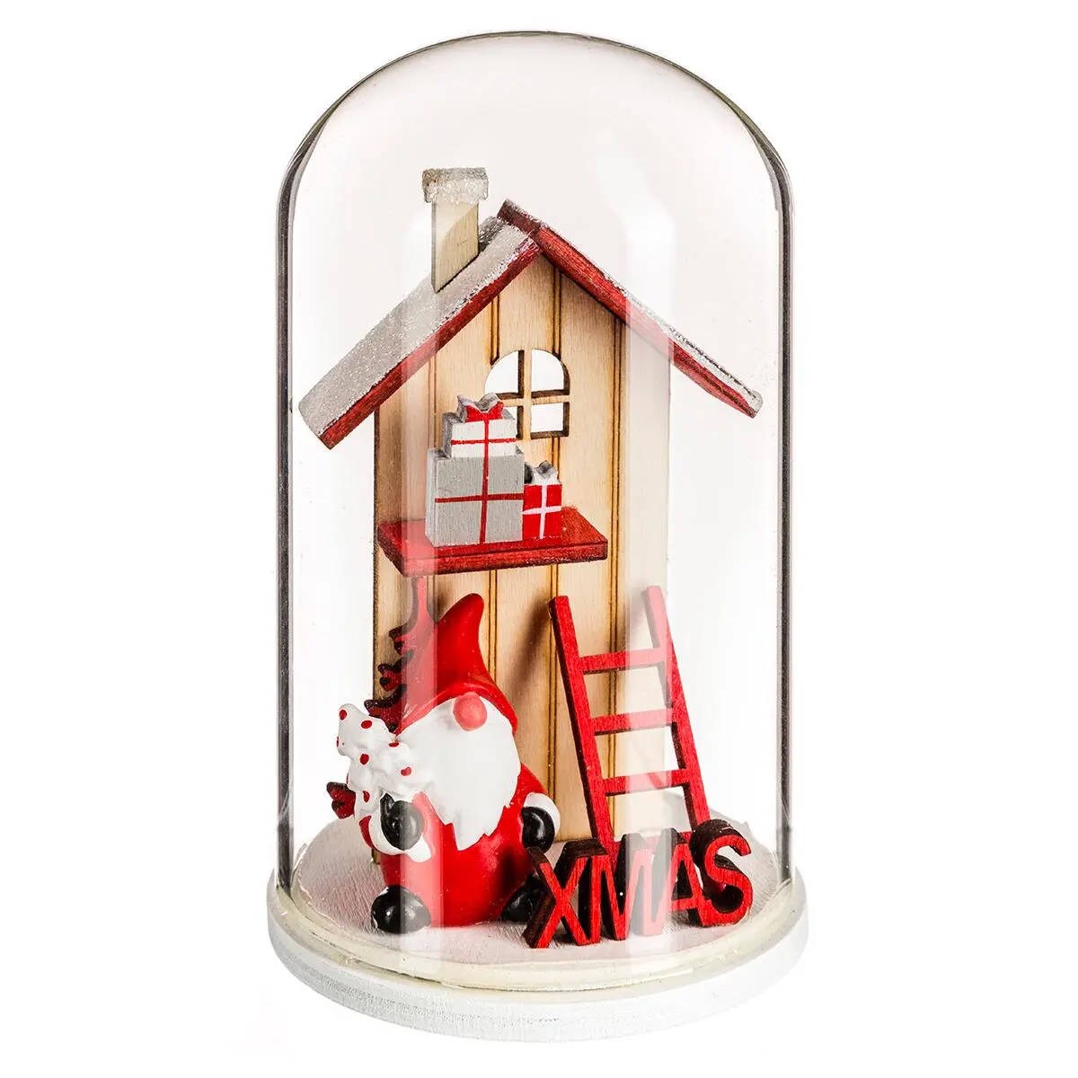 Kopuła szklana z drewnianym domkiem świątecznym, 12 cm