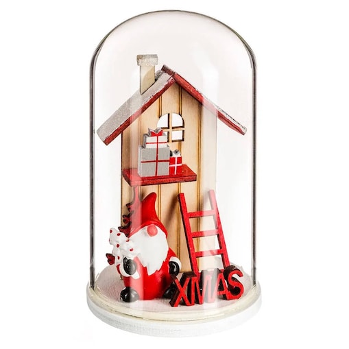 Kopuła szklana z drewnianym domkiem świątecznym, 12 cm