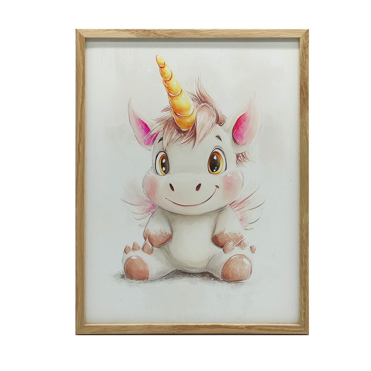 Plakat Uroczy jednorożec w pastelowych kolorach, 50x70 cm, rama drewniana jasny dąb, papier matowy 230 gsm