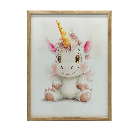 Plakat Uroczy jednorożec w pastelowych kolorach, 50x70 cm, rama drewniana jasny dąb, papier matowy 230 gsm