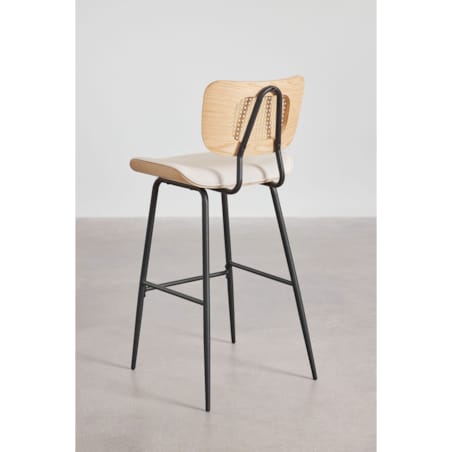Krzesło barowe z drewna, rattanu i ekoskóry białej Raysa naturalne 75 cm