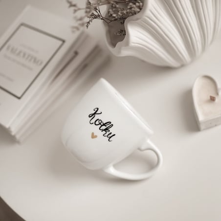 Biały Kubek Porcelanowy 300 ml - Napis Dzień Dobry Kotku ze Złotym Sercem dla Partnerki na Rocznicę