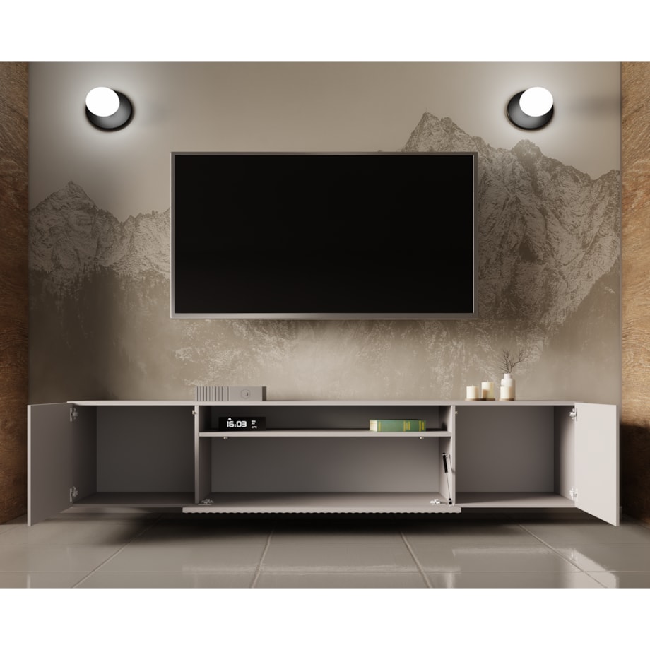 Szafka RTV NOELI, wisząca z ryflowanymi frontami do salonu- kaszmirowa