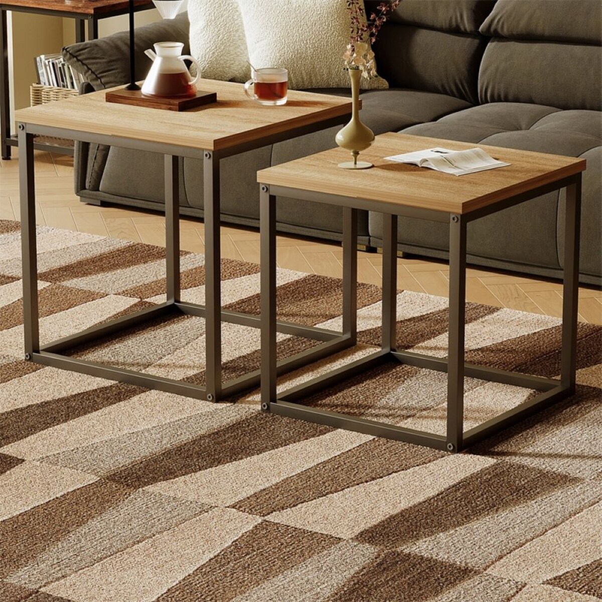 Stolik kawowy ława stół zestaw stolików 2w1 loft industrial jasny brąz 50cm