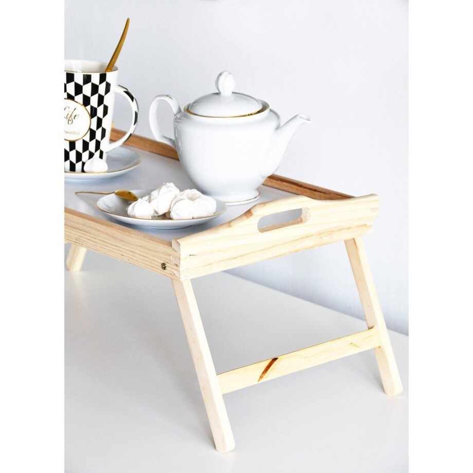 Drewniany stolik śniadaniowy, taca z nóżkami, 50x30 cm