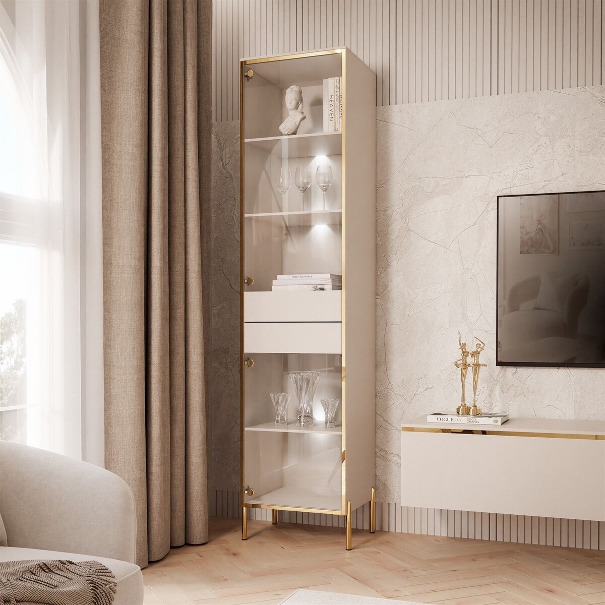 Witryna AURORA kaszmir z oświetleniem LED nogi proste