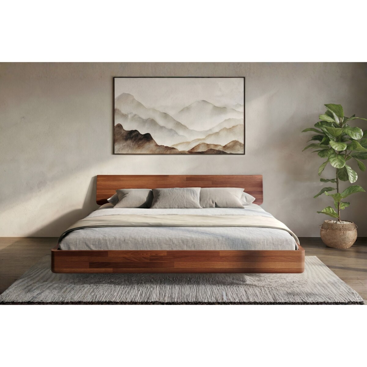 Łóżko lewitujące drewniane bukowe Visby LENA bez szafek / 140x200 cm, kolor orzech