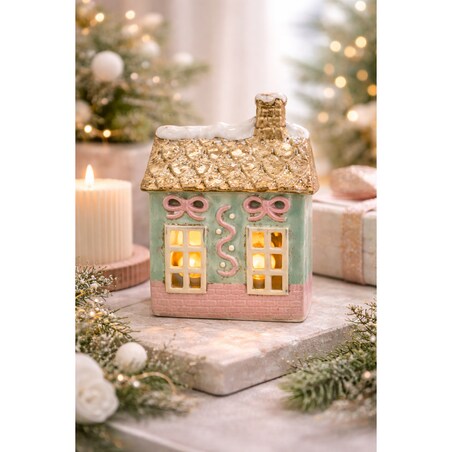 Ceramiczny domek na tea-lighty 17,5x11,5x8,5 cm SONAM z różowymi kokardkami
