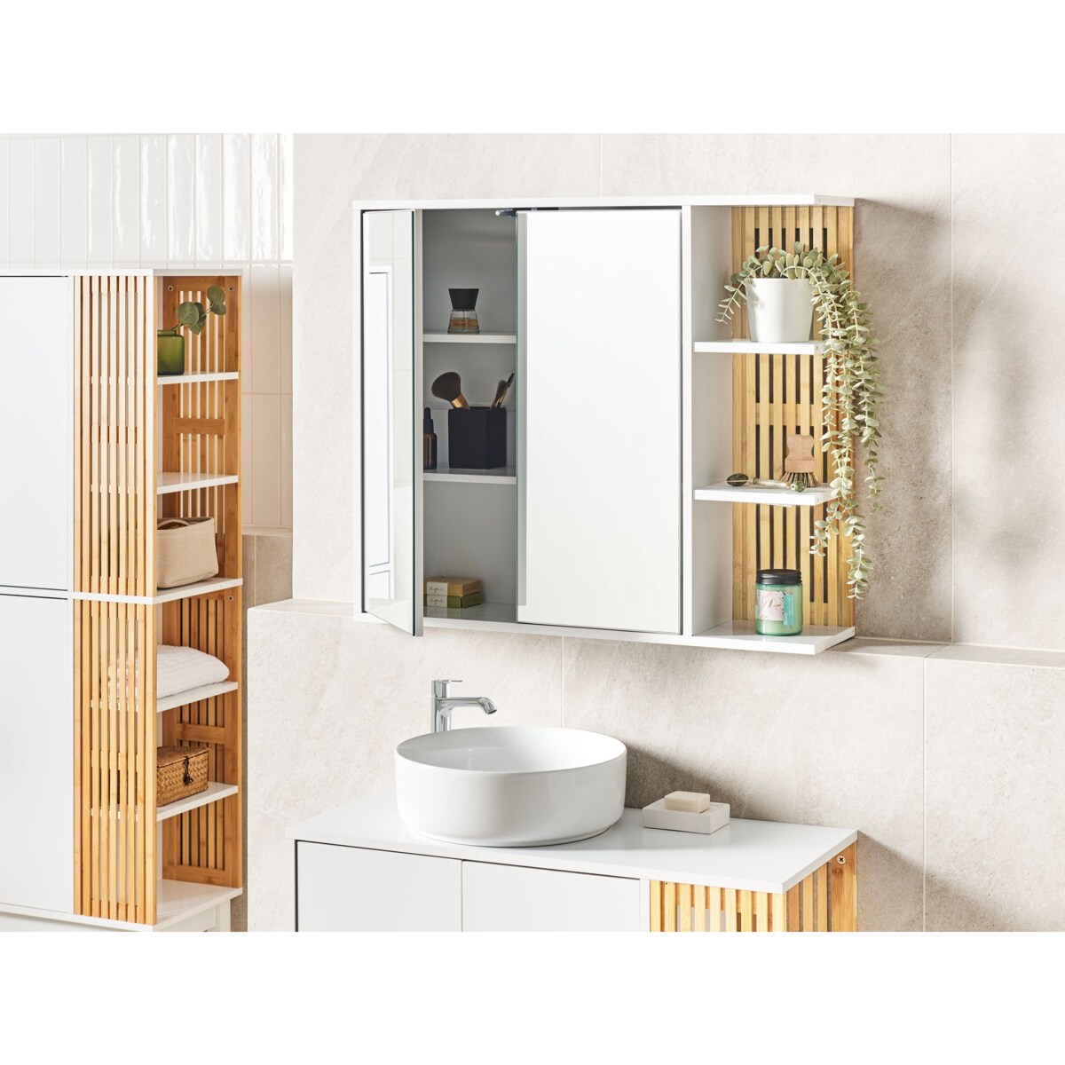 Szafka łazienkowa wisząca z lustrem 70 x 80 cm jasne drewno z białym NUBES