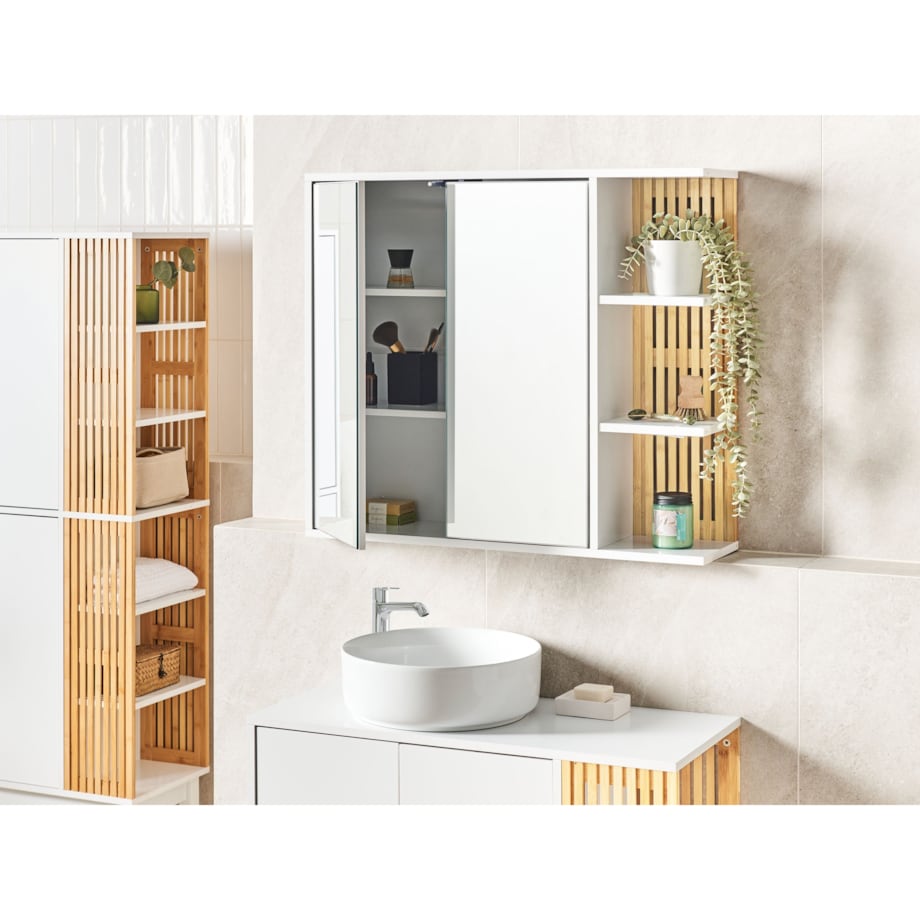 Szafka łazienkowa wisząca z lustrem 70 x 80 cm jasne drewno z białym NUBES