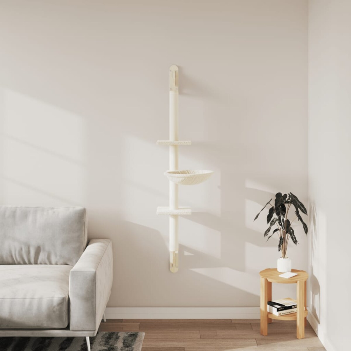 vidaXL Ścienne drzewko dla kota z drapakiem, kremowe, 142,5 cm