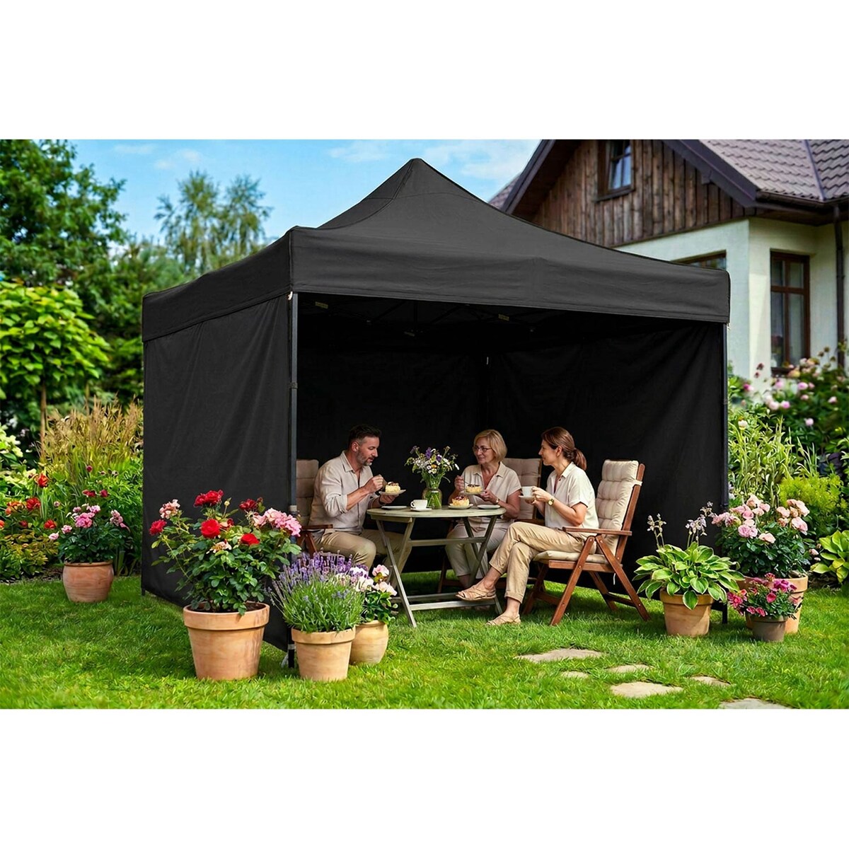Pawilon ogrodowy Plonos PL-300 altana namiot handlowy imprezowy 3x3x3 m 3 ściany czarny