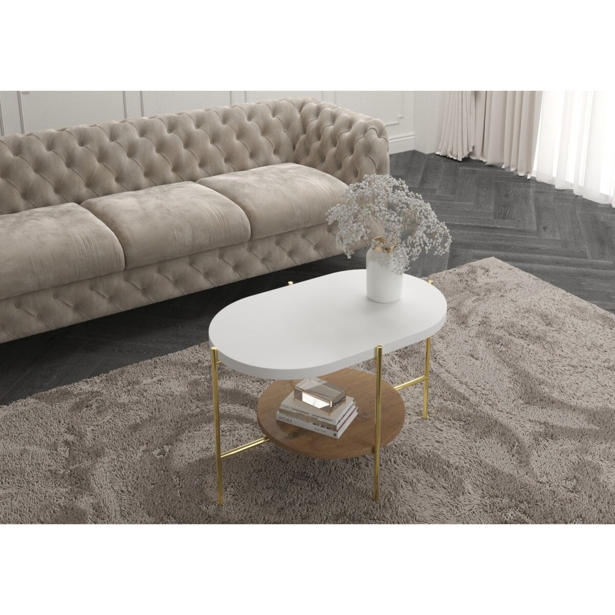 Nowoczesny stolik kawowy Dancan ARENA / złota podstawa + biały i dębowy blat