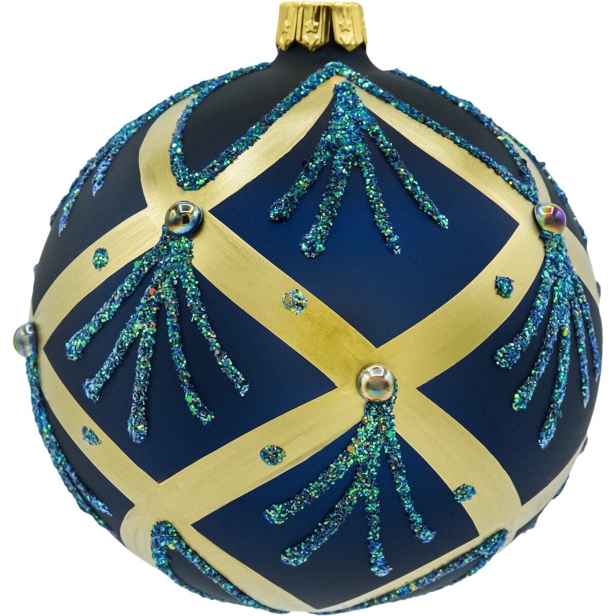 Bombka choinkowa: Okrągła ze złotymi pasami: granatowa