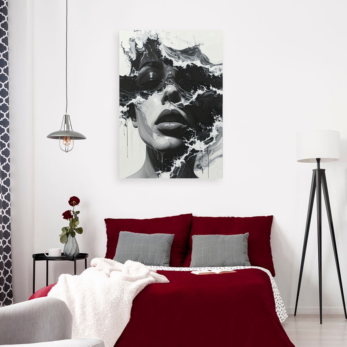 Obraz do salonu sypialni, Portret kobiety czarno biały w stylu artystycznym fale morskie 20x30 cm