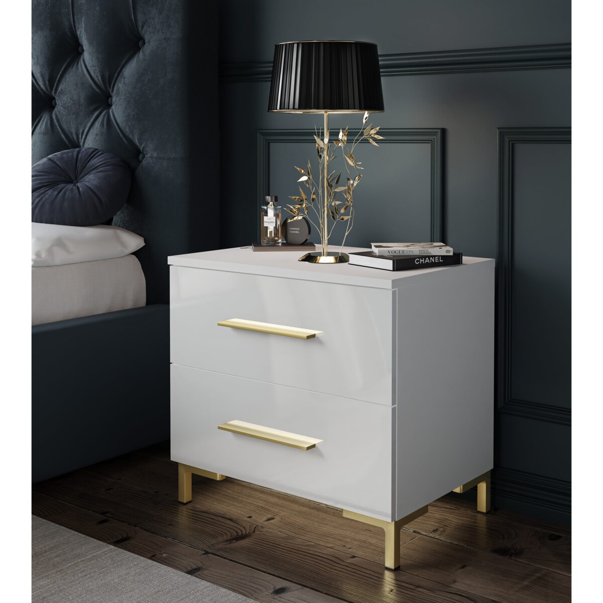 Lukmebel Szafka nocna LINA GOLD 55x37x52 cm, biały wysoki połysk