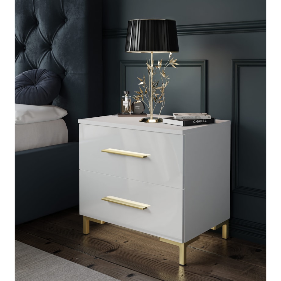 Lukmebel Szafka nocna LINA GOLD 55x37x52 cm, biały wysoki połysk
