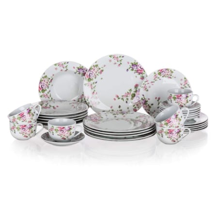 TALERZEKOMPLET OBIADOWY W KWIATY gotowy prezent 30 elem talerze jadalni box