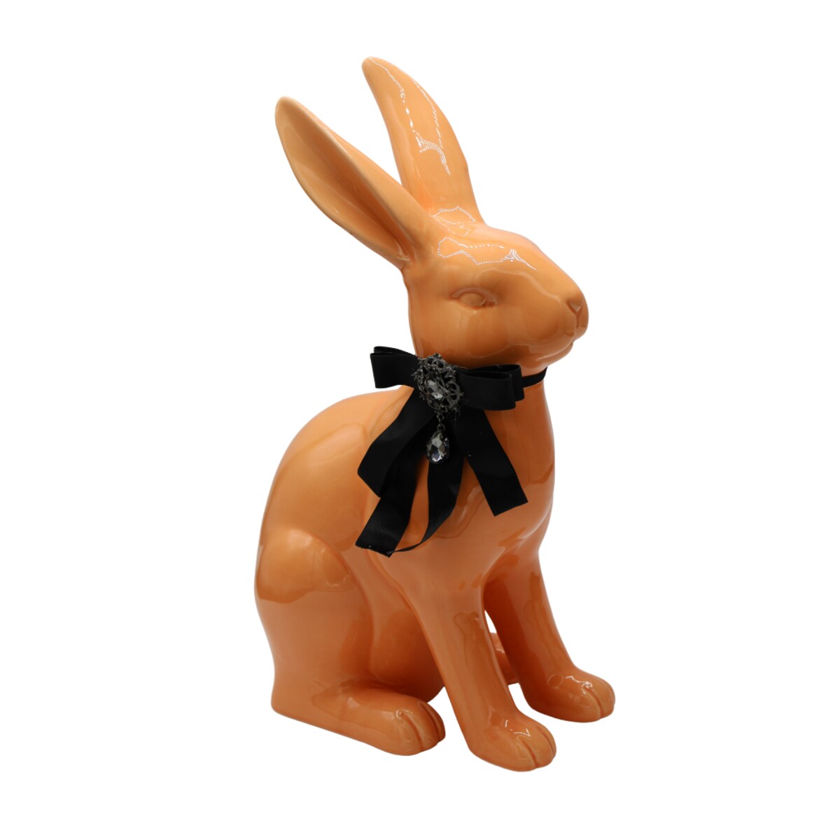 Figurka - morelowy królik z kokardą 37x23x13,5 cm z broszką i koralikiem