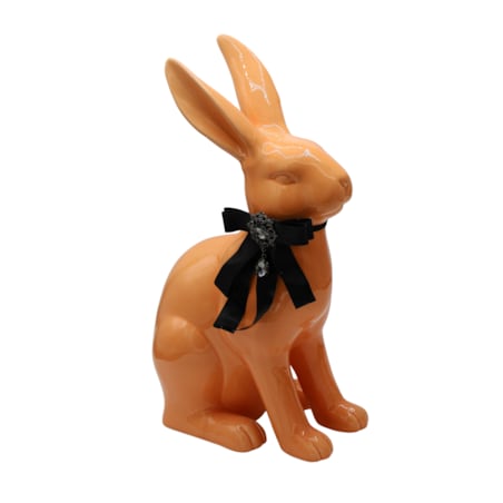 Figurka - morelowy królik z kokardą 37x23x13,5 cm z broszką i koralikiem
