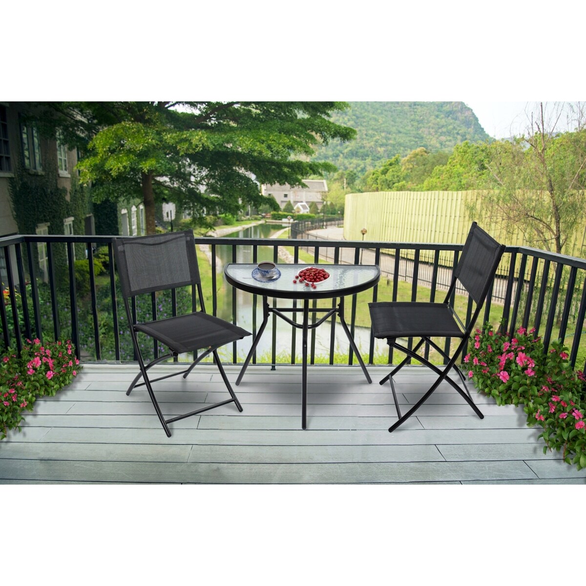 Półokrągły stolik balkonowy ze szklanym blatem