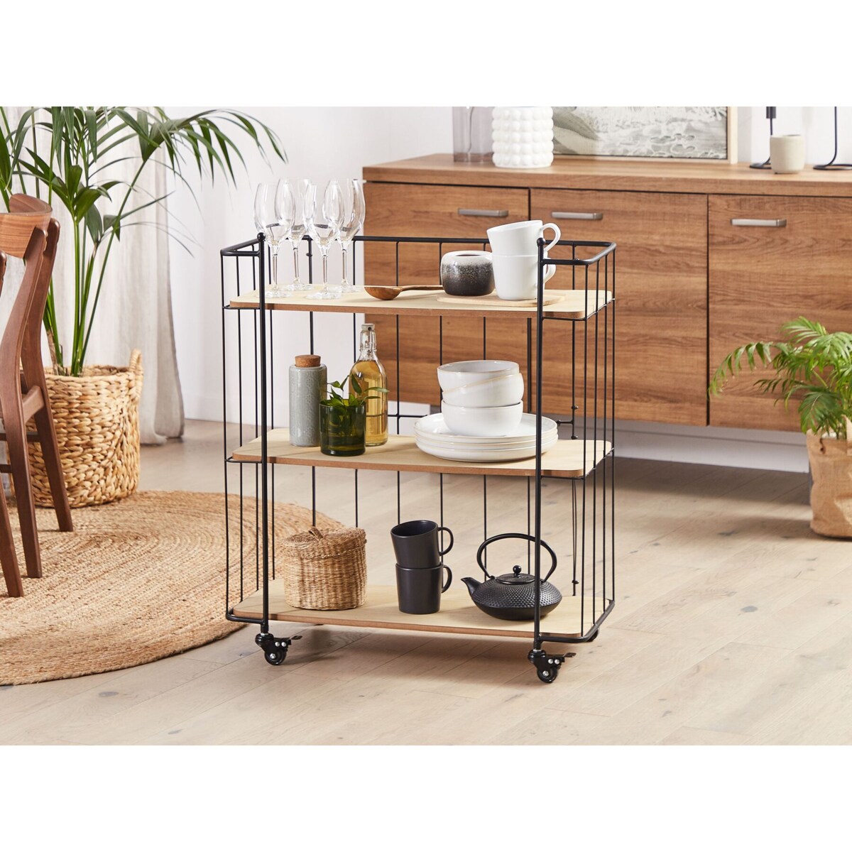 Metalowy wózek kuchenny 3-poziomowy jasne drewno z czarnym GABBS