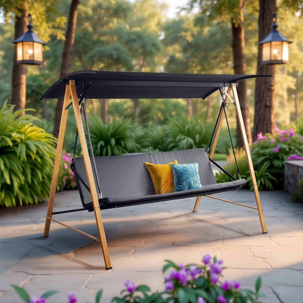 Huśtawka 3-osobowa z daszkiem i poduszkami bujana 223 cm duża do ogrodu