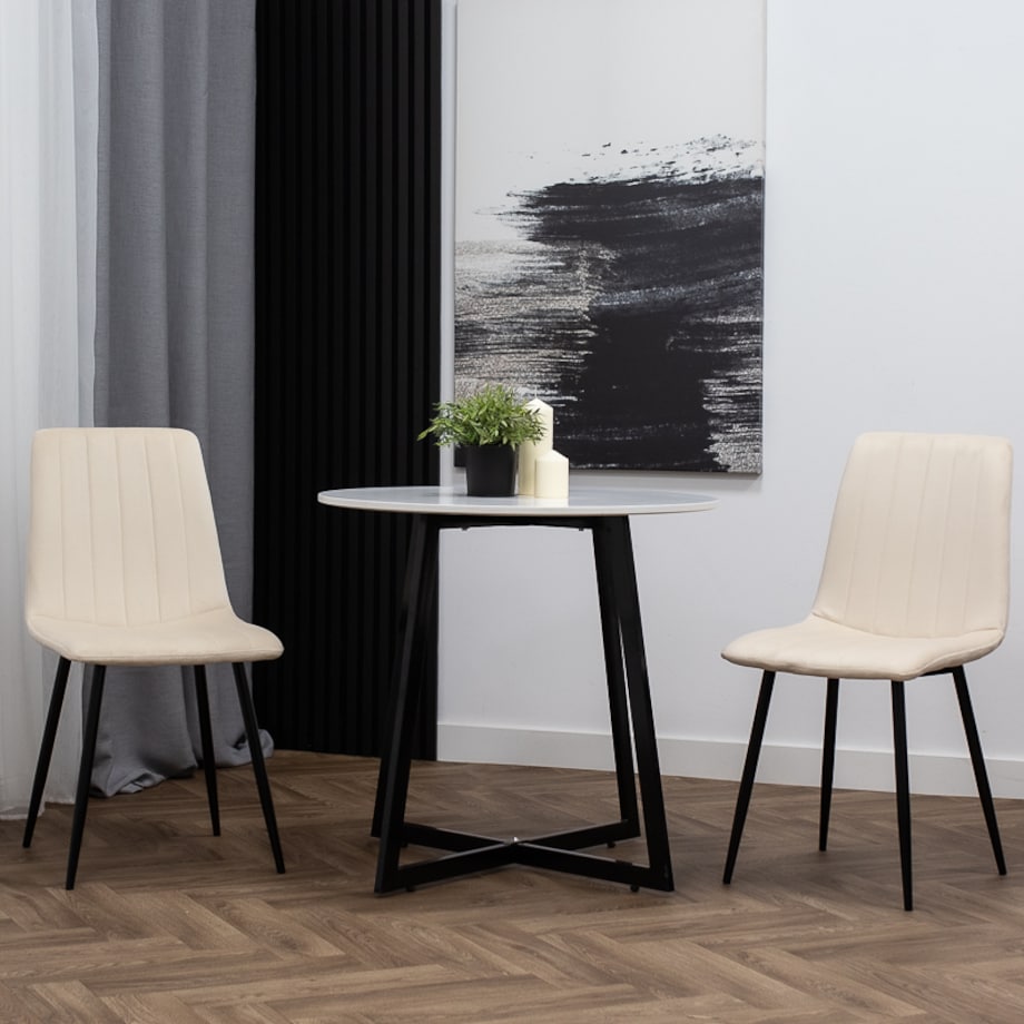 Krzesło welurowe tapicerowane beżowe pikowane czarne nogi