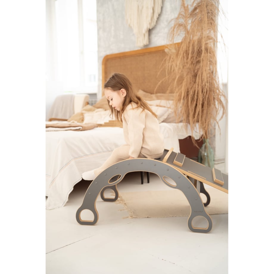 MAŁY bujak montessori z uchwytami + MAŁA zjeżdżalnia DRABINKA - szara