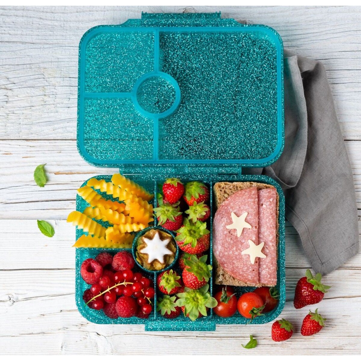 LEKKABOX GLAMOUR brokatowa śniadaniówka z przegródkami, Aqua