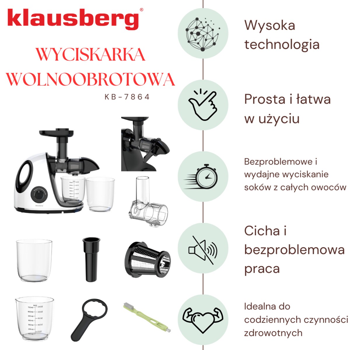 Sokowirówka wolnoobrotowa 150W do owoców i warzyw COLD PRESS KLAUSBERG KB-7864