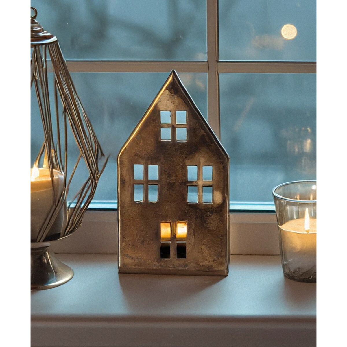 LAMPION LATARNIA ŚWIĄTECZNA DOMEK na święta metalowy loft stare złoto 15cm