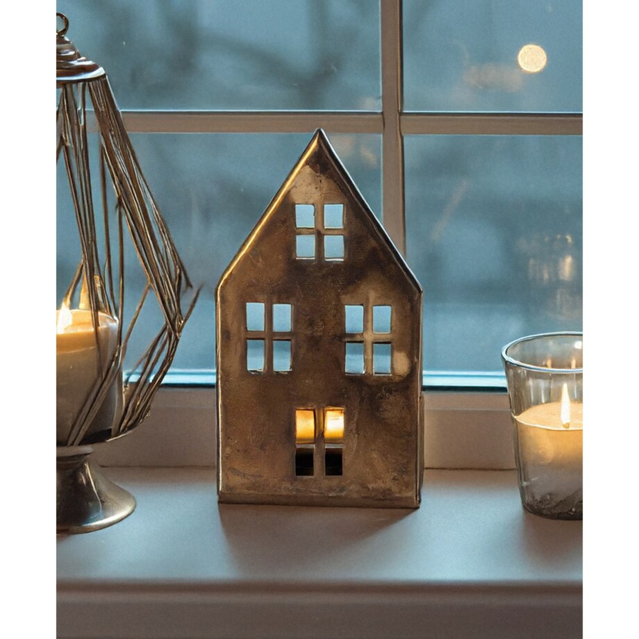 LAMPION LATARNIA ŚWIĄTECZNA DOMEK na święta metalowy loft stare złoto 15cm