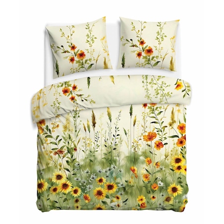 Pościel satyna bawełniana 180x200 Solaia kremowa, kwiatowa zielona łąka, Satynlove Premium