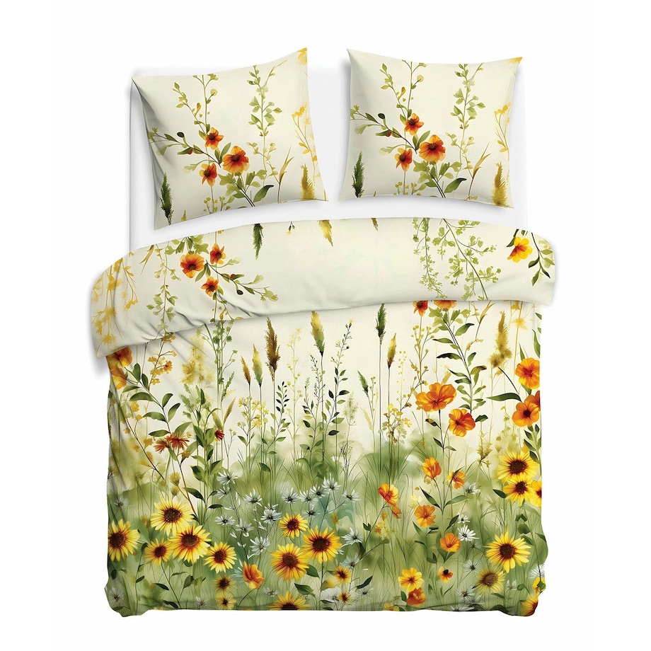 Pościel satyna bawełniana 180x200 Solaia kremowa, kwiatowa zielona łąka, Satynlove Premium