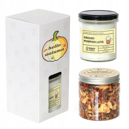 Zestaw Hello Autumn - pakiet z aromatyczną herbatą Autumn Inspiration oraz świecą sojową Creamy Pumpkin Latte, prezent upominek dla jesieniary