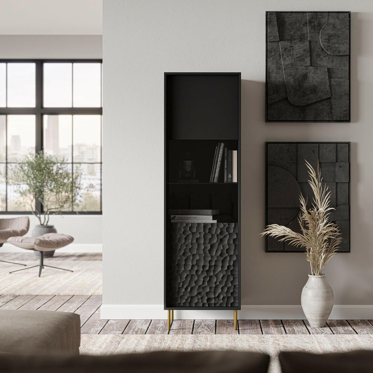 WITRYNA Afir wąska 55/41/185 cm czarna PRZESZKLONA 4 półki