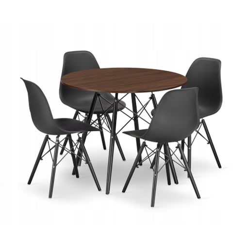 Zestaw Stół+ 4 Krzesła Czarne Do Jadalni Kuchni Salonu Biura Okrągły Brązowy