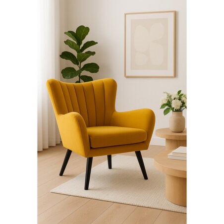 Fotel uszak TEDI na drewnianych nożach tapicerowany tk. Velluto musztardowy