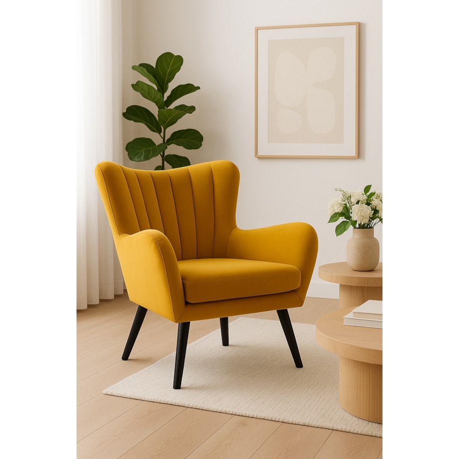 Fotel uszak TEDI na drewnianych nożach tapicerowany tk. Velluto musztardowy