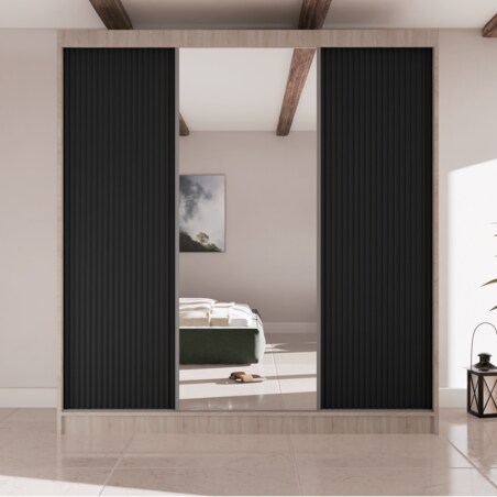 Szafa przesuwna V200 z lustrem i szufladami- sonoma+ ryfle czarne