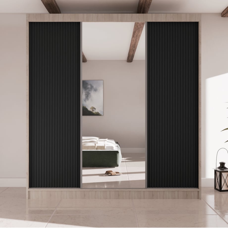 Szafa przesuwna V200 z lustrem i szufladami- sonoma+ ryfle czarne