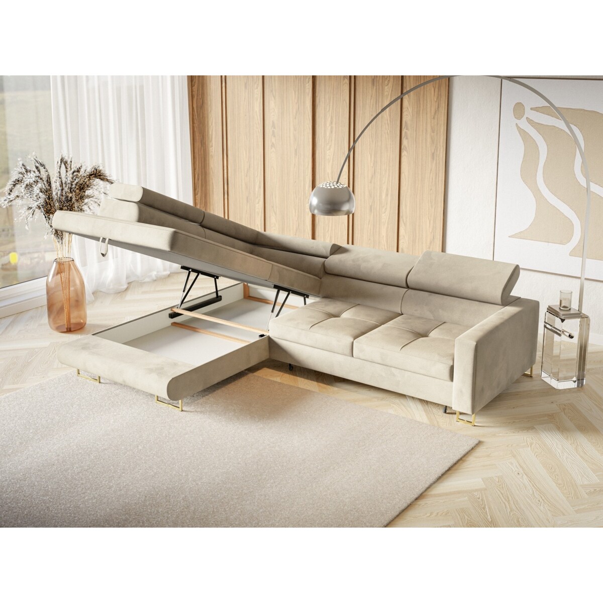 Narożnik rozkładany MERY z regulowanymi zagłówkami na złotych nóżkach lewy