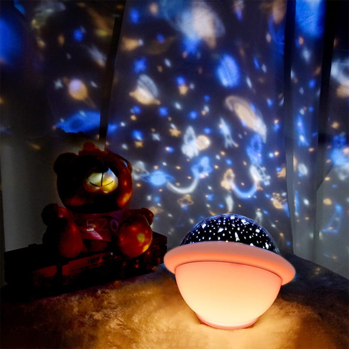 Lampka nocna dla dzieci projektor nieba i gwiazd UFO różowa