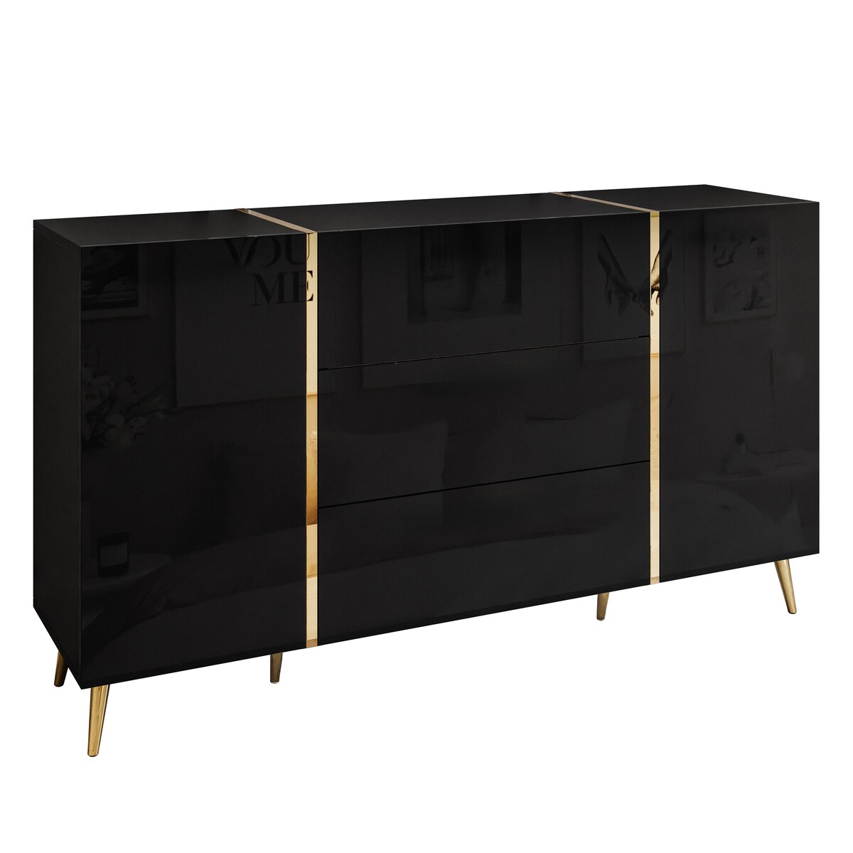 Komoda z szufladami ONYX na złotych nóżkach wysoki połysk 158 cm, czarna, push-to-open