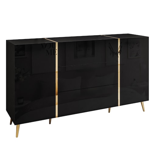 Komoda z szufladami ONYX na złotych nóżkach wysoki połysk 158 cm, czarna, push-to-open