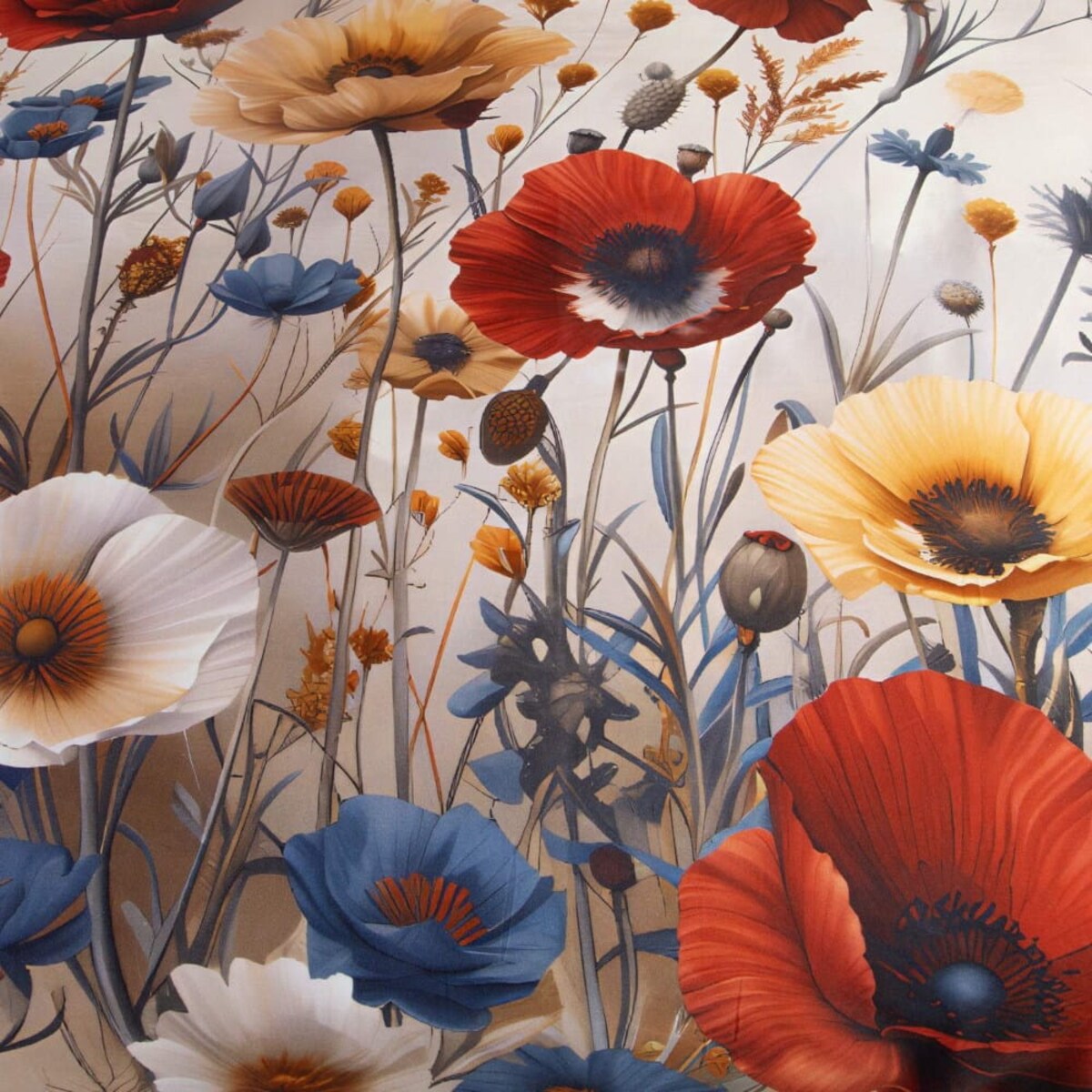 Pościel satyna bawełniana 220x200 Satynlove Premium Polne czerwone kwiaty, kremowa