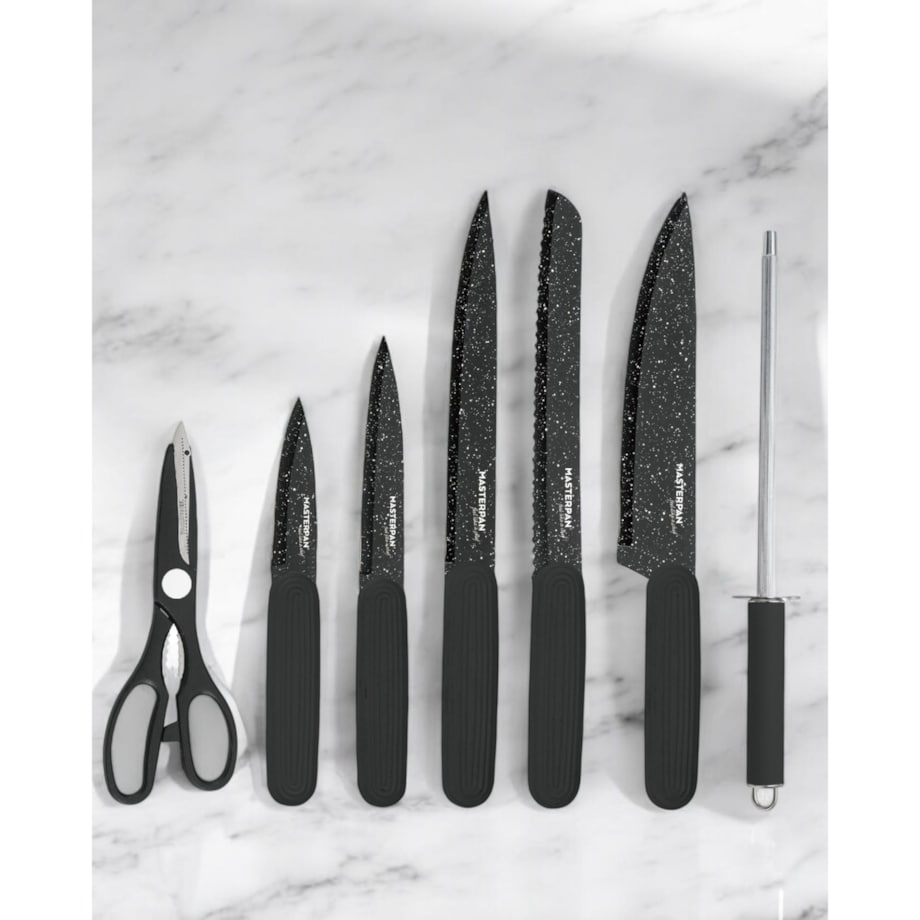 Zestaw Komplet Noży Kuchennych W Czarnym Bloku 8 El Ostrzałka Nożyczki